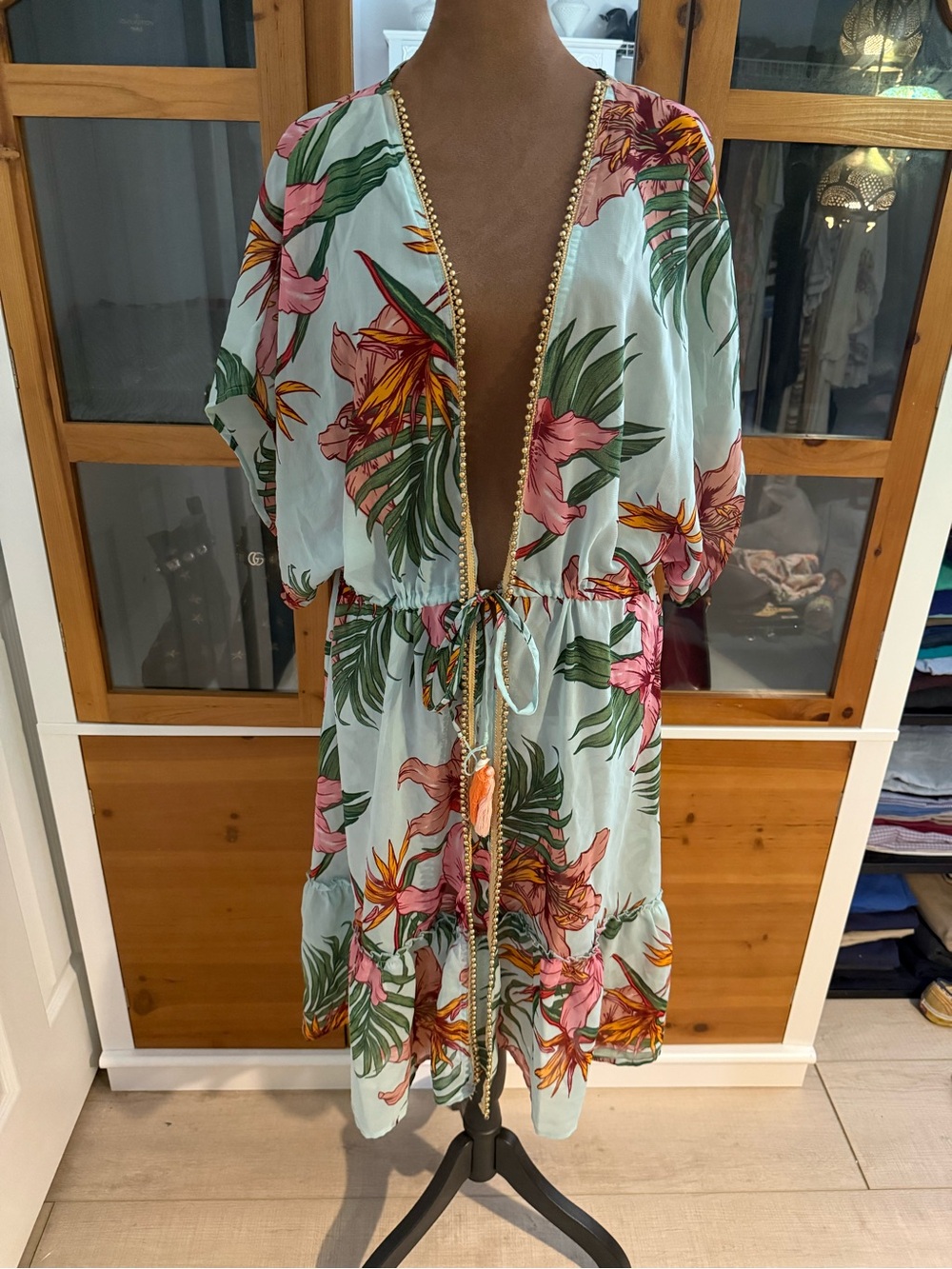 Mint Tropical Floral Tie-Waist Beach Cover Up with Pink & Green Print